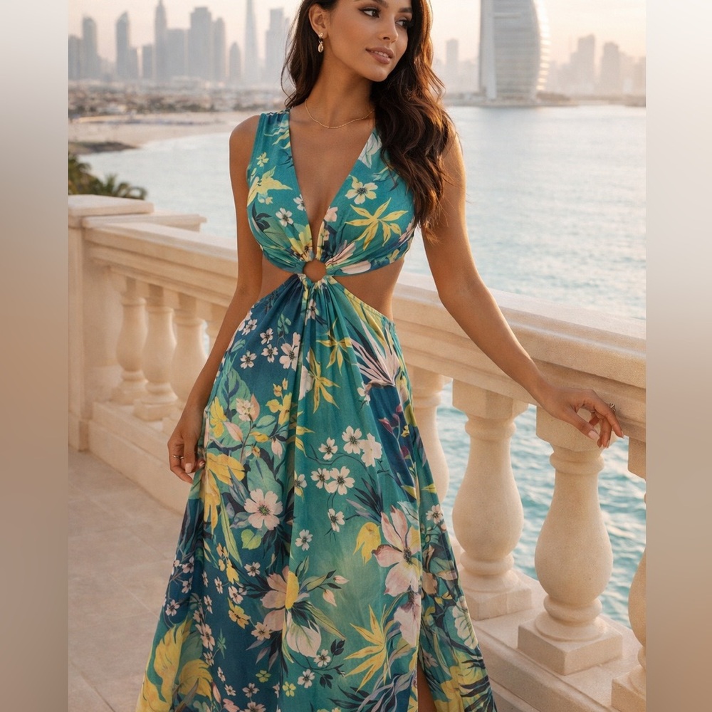 Bebe Tropical Cutout Maxi Dress Resort Vaca Dress | Size XS-S
Worn once in DUBAI